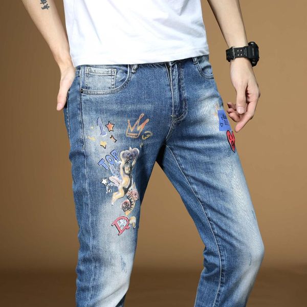 

jeans mens hip hop slimming daily business fashion blue crown pattern trousers