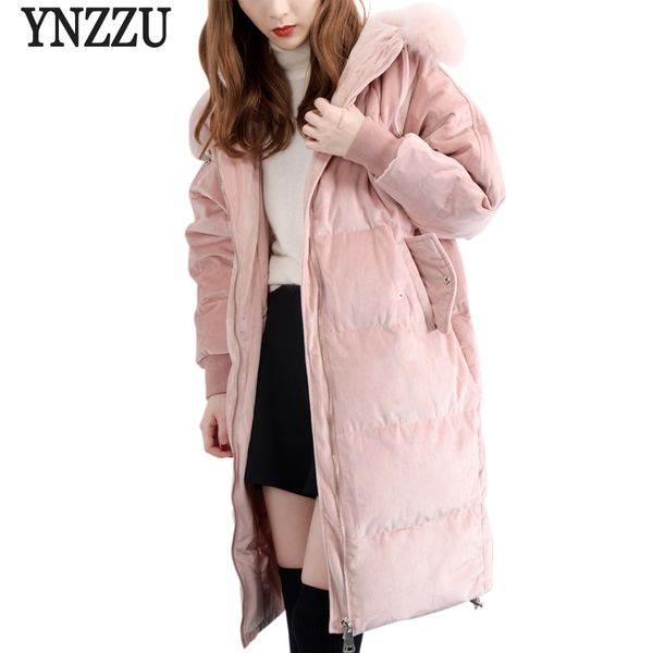 

ynzzu korean style 2018 winter velvet women's down jacket solid long with large real fur collar hooded warm female jacket yo685, Black