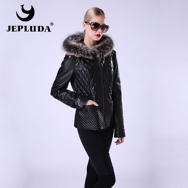 

jepluda new real leather jacket women zipper jacket genuine leather with hooded silver detachable short coat women, Black