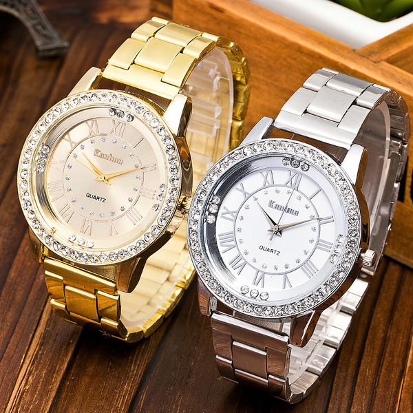 

geneva watch fashion luxury classic stainless steel belt rhinestone men's and women watches quartz wrist watch clock, Slivery;brown