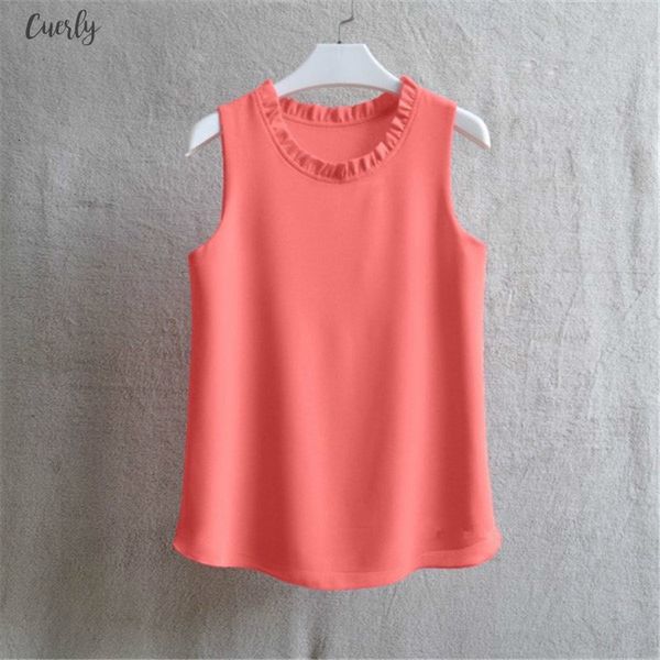 

21 colors 2020 summer fashion vest blusas casual loose sleeveless ladies shirt fold ruffle chiffon blouse women v886, White