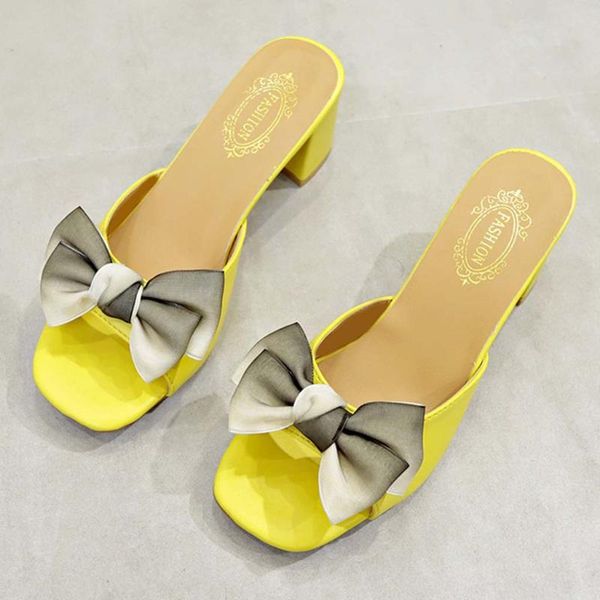 

women sweet butterfly-knot slippers solid color yellow open-toed slippers rough middle heels sandals ladies shoes #g3, Black
