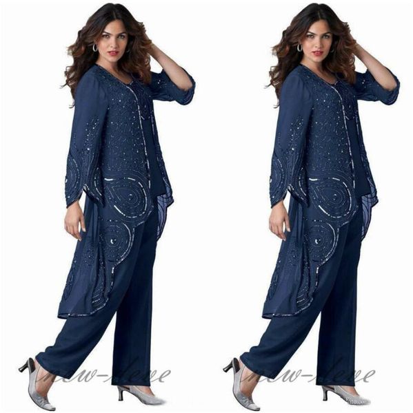 Plus Size Azul Marinho Mãe Da Noiva Vestidos Calças Ternos 3 Peças Mãe da Noiva Ternos Convidados Do Casamento Vestidos Vestidos de Noite