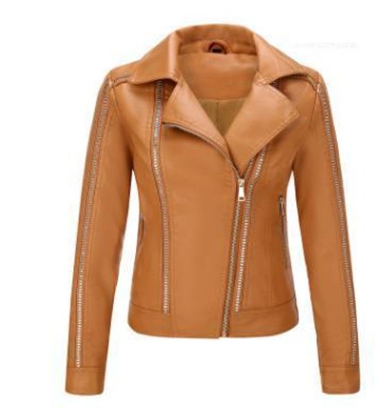 

down collar fashion autumn spring coats rivet women leather jackets zipper turn, Black;brown