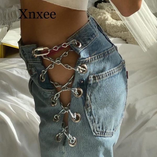 

side cross chain hollow out wide-leg women's jeans high waist pants elegant ladies punk bottom women long pants loose blue
