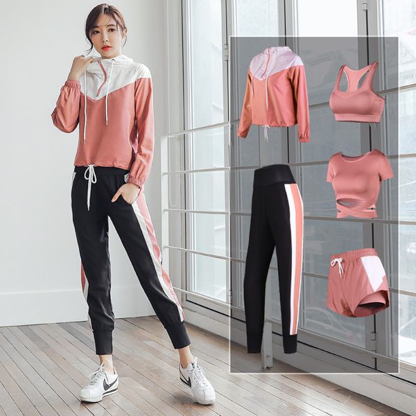 

gym clothing high waist pants+hooded coat+t shirt+bra+short women yoga 5 pieces set outdoor running quick dry fitness sports 2xl, White;black