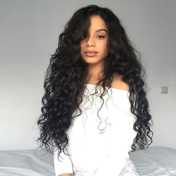 

бразильский воды волос естественная волна парик фронта шнурка человеческих волос pre щипковых отбеленные узлы фигурные парики для женщин, Black