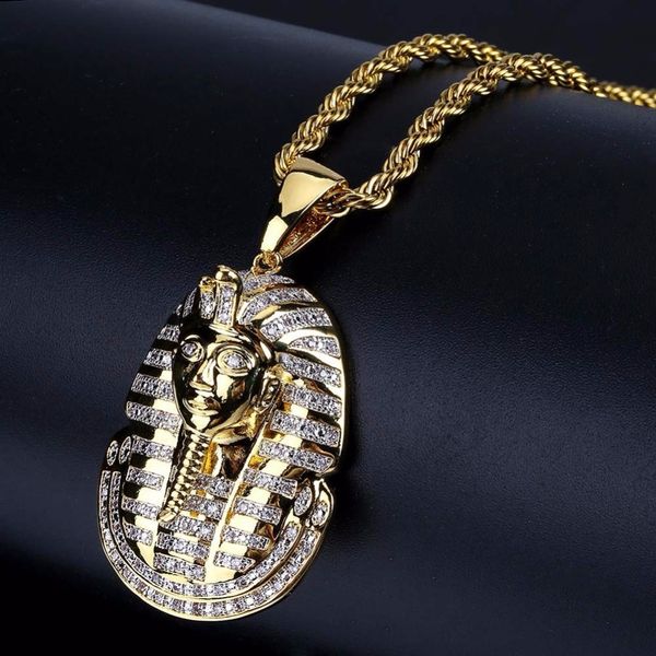 

micro paved cz rhinestone gold egyptian pharaoh tutankhamun pendants necklaces for men bling ice out hip hop rapper jewelry, Silver