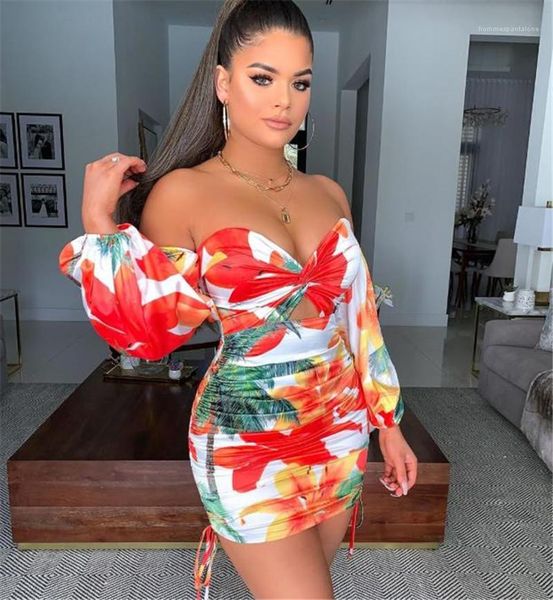 

hollow out dresses womens slash neck dresses fashion floral printed bodycon dresses lantern sleeve, Black;gray