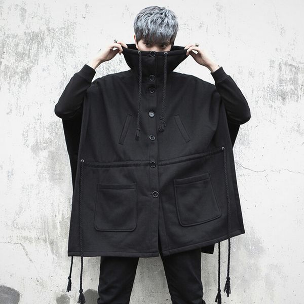 

men personality single breasted oversized trench coat sleeveless hooded jacket men nightclub stage costume hip hop punk cloak, Tan;black