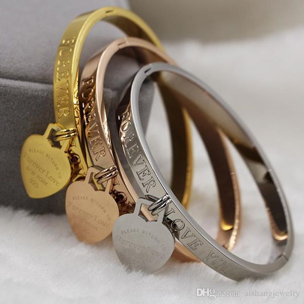 

2019 fashion jewelry women bangle with heart pendant and 18k gold plated titanium bangle carved forever love word for women gift, Black