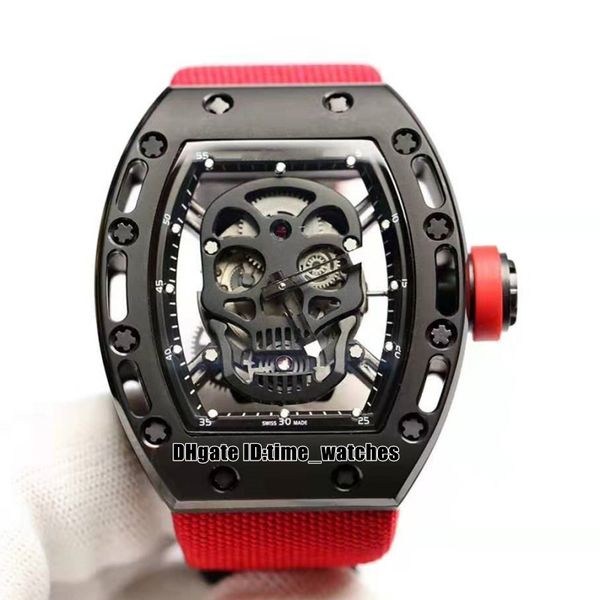 

new skull dial r 52-1 automatic mens watch pvd black steel case red nylon strap barrel gents sport watches, Slivery;brown