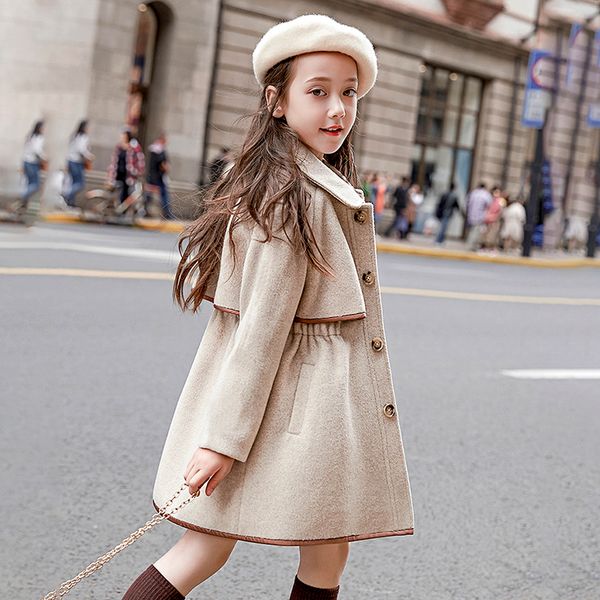 

Girls Woolen Coat For European & Amercian Student Kids Thick Woollen Clothes Jacket Children Tweed Overcoat Outerwear, Beige