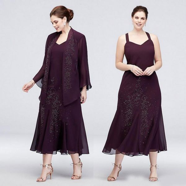 

grape mermaid plus size beaded mother of the bride dresses with long sleeves jackets wedding guest dress tea length chiffon evening gowns, Black;red