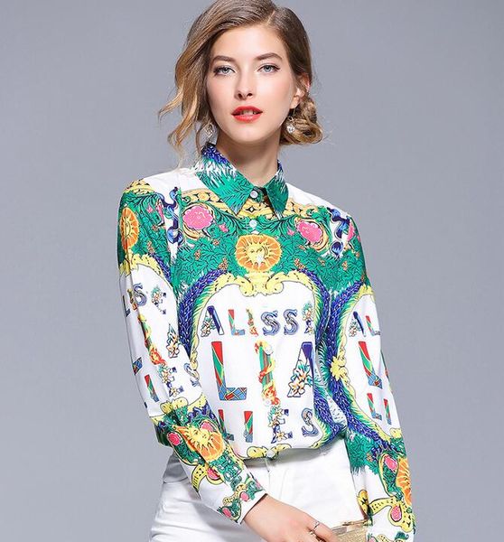 

2019 green flora letter contrast color printed women blouses long sleeve lapel neck ladies shirts fashion printed top, White