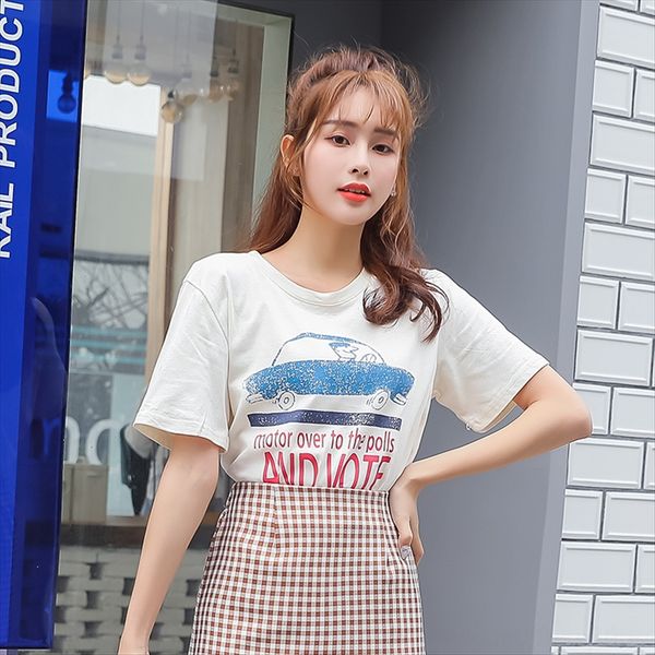 

with enjun] a088 printed short-sleeved t- female base [with enjun] a088 printed short-sleeved t- female base shirt shirt, White