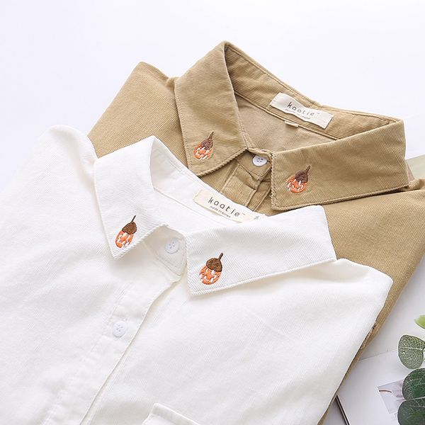 

весна осень женские вельвет рубашка с длинным рукавом клубничный вышивка блуза сыпучие симпатичные девушки tops fit опрятный стиль, White