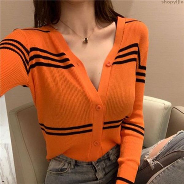 

new striped v-neck sweater long sleeve sweater women's thin single breasted jacket cardigan, White