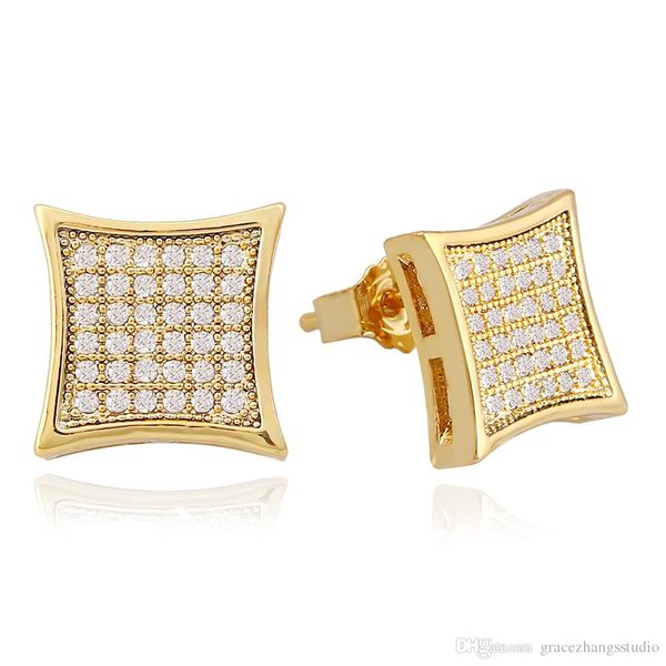 

хип-хоп полный алмазов уха шпильки для мужчин геометрия горный хрусталь золотые серьги-гвоздики настоящее золото покрытием меди алмаз квадра, Golden;silver