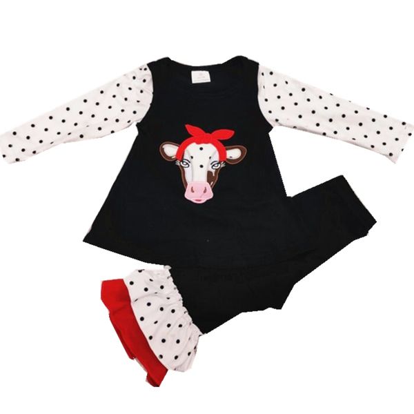 

children's wear cow black dress white long sleeve small dot boutique set