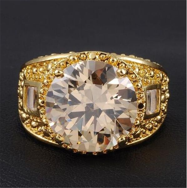 

size 9/10/11/12 vintage men's 10k white gold plated 15ct big gold sapphire simulated diamond cz claw ring for men, Golden;silver