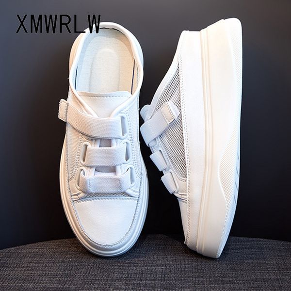 

xmwrlw breathable mesh women summer slippers genuine leather fashion lace up woman half shoes 2020 summer women slippers shoes, Black
