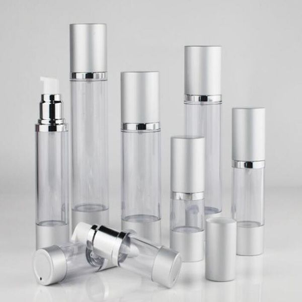 Bottiglia senz'aria riutilizzabile portatile della bottiglia senz'aria cosmetica vuota d'argento di 15ml 30ml 50ml per la lozione Trasporto libero