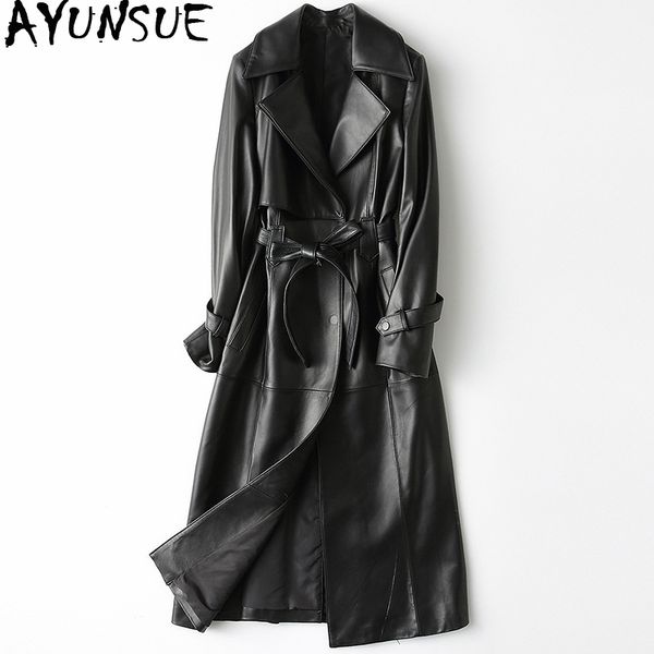 

women's leather & faux 2021 real jacket long 100% sheepskin coat spring autumn windbreaker women hq19-zjf8681a kj2777, Black