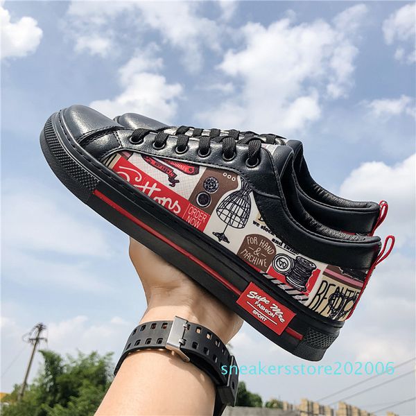 

men hip pop board shoes rugged casual faux leather doodle skater shoes fashion fu skate sneakers back to school teen graffiti plimsolls s06