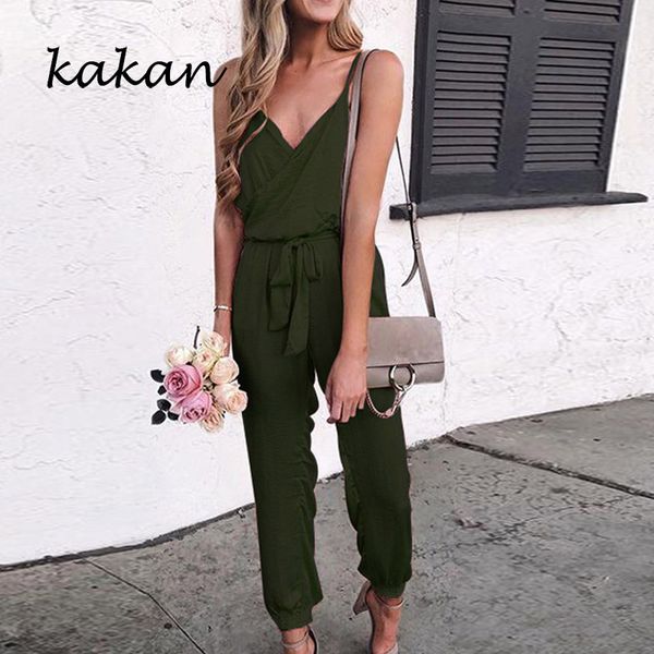 

kakan women's solid color sling jumpsuit loose type belt jumpsuit white gray black pink army green, Black;white