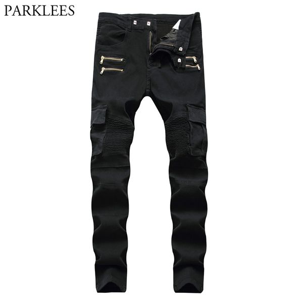 

black biker cargo jeans pants men 2018 brand new folds pocket pencil jeans homme zipper casual runway distressed motorcycle jean, Blue
