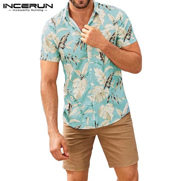 

2020 men hawaiian shirt floral printed short sleeve lapel camisa streetwear slim vacation beach casual shirts men s-3xl incerun, White;black