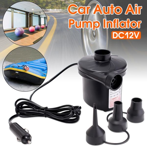 

50w 240v/12v abs electric car plug air pump inflator airbed mattress blow deflator mains eu adapter with 3 nozzles