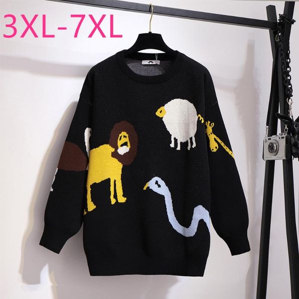 

2020 autumn winter plus size pullover for women large long sleeve casual loose cartoon o neck knit sweater black 4xl 5xl 6xl 7xl, White;black
