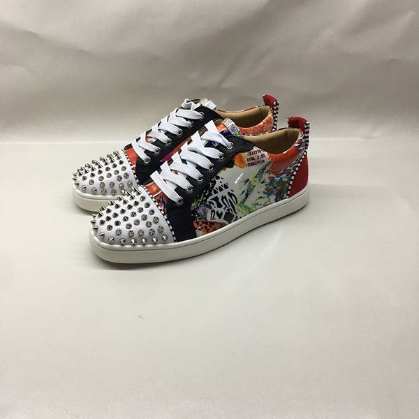 

man women red bottom shoes new designer brand studded spikes flats shoes red bottom shoes for party lovers genuine leather sneaker cs01, Black