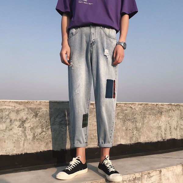 

2019 men's fashion trend baggy homme cargo pocket jeans mens patch hit color casual pants leisure biker denim trousers -2xl, Blue