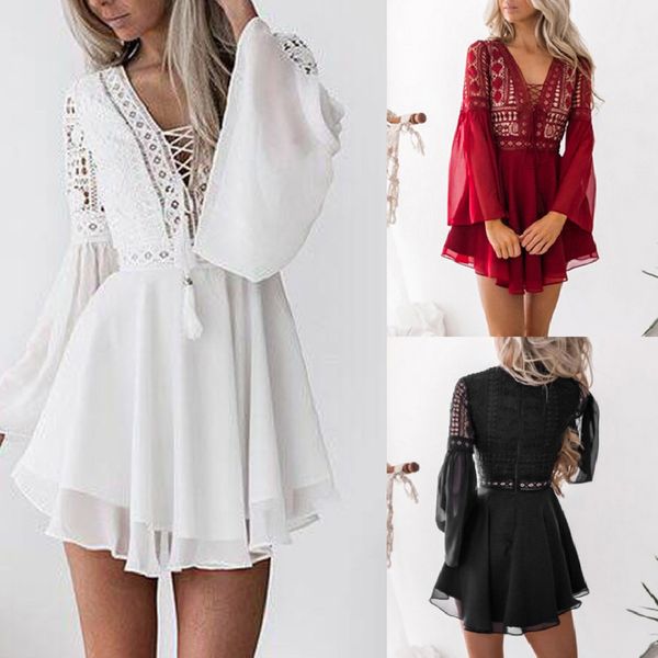 

casual summer dress womenÂ clothesÂ 2019 lace long sleeve bodycon cocktail party a-line dress bandage dresses vestidos de verano, Black;gray