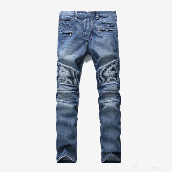 

men pleated hip hop panels jeans slim fit denim pants male jeans motocross-style high street 2019 spring men zipper pants, Blue