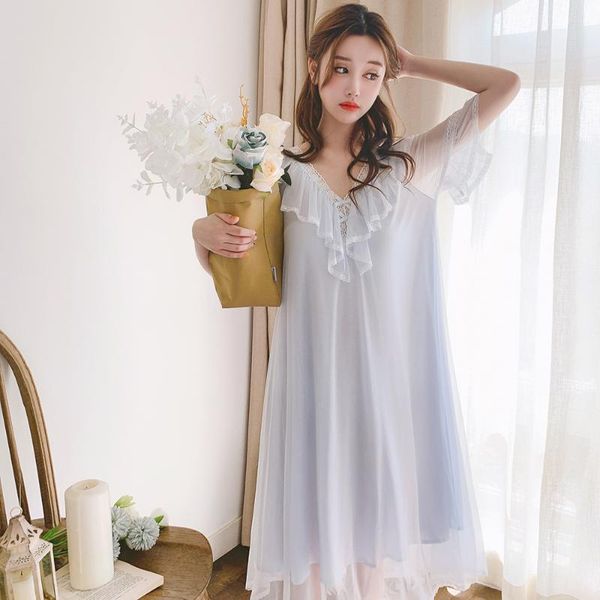 

modal v-neck with ruffles decor princess mesh vintage nightgown summer short flare sleeves lace women long style nightdress, Black;red