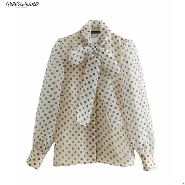

sweet women polka printing casual organza blouses shirt dots women long sleeve bow tied smock blusas femininas chemise ls3209, White