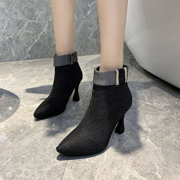 

women autumn ankle boots woman zipper denim pointed toe boots ladies fashion thin heels women's elegant casual female shoes, Black