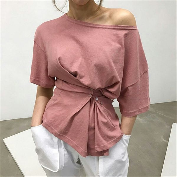 

east gate design oblique shoulder buckle waist t-shirt solid color east gate design oblique shoulder buckle waist t-shirt solid color, White