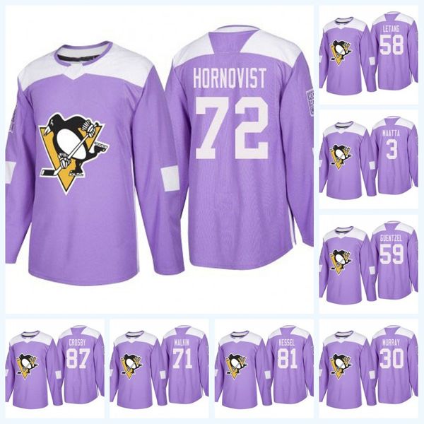 

Youth 58 Kris Letang Pittsburgh Penguins Purple Fight Cancer Sidney Crosby Jake Guentzel Evgeni Malkin Patric Hornqvist Hockey Jersey