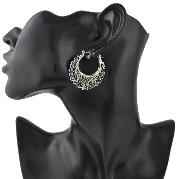 

turkish vintage hollow carved flower hoop earring for lady women antique silver alloy circle statement earrings tibet gypsy 2019, Golden;silver