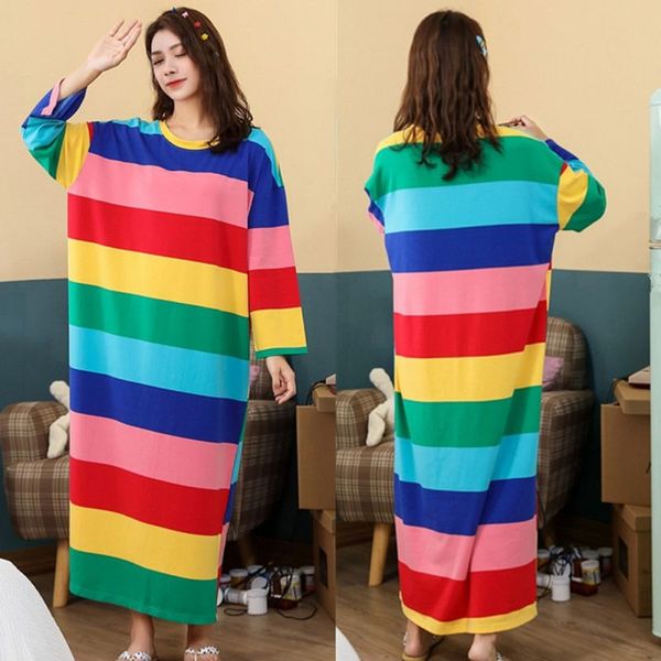 

spring autumn winter ladies rainbow striped loose long nightdress home o collar long-sleeved nightdress, White
