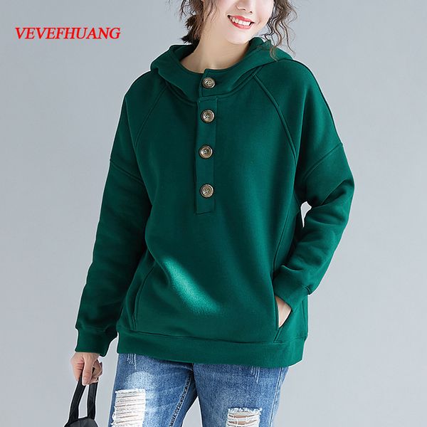 

vevefhuang autumn winter new women warm hoodies casual hooded black/green sweatshirts female single breasted loose plus size