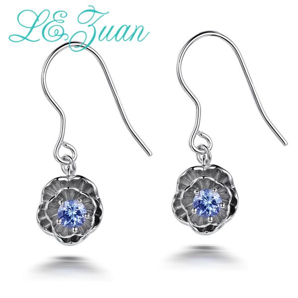 

l&zuan 925 sterling silver earrings 0.2ct natural blue tanzanite lotus flower drop earrings fine jewelry female party jewelry, Golden;silver