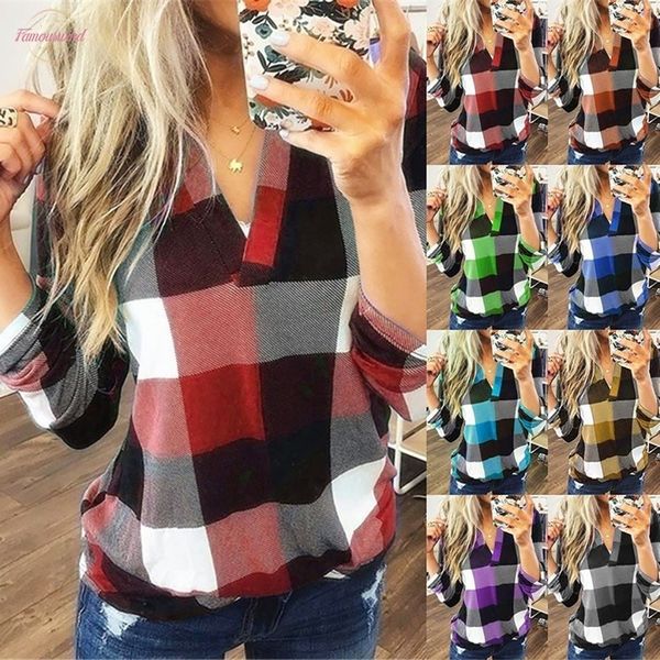 

new ladies comfortable wild casual commuter rolled up long sleeved v neck stitching plaid petal sleeve shirt slim shirt long blouse women, White