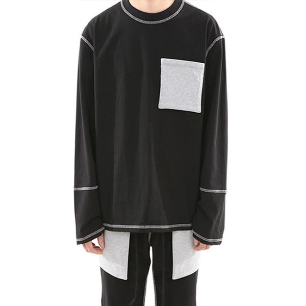 

mens oversize tshirts autumn spring black white grey pocket street long sleeved, White;black