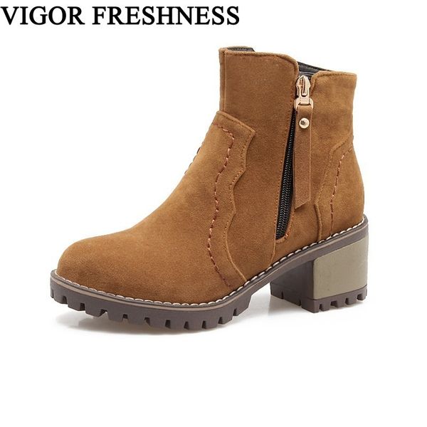 

vigor freshness women ankle boots autumn woman shoes middle heels dress winter boots spring shoes party zip platform my61, Black